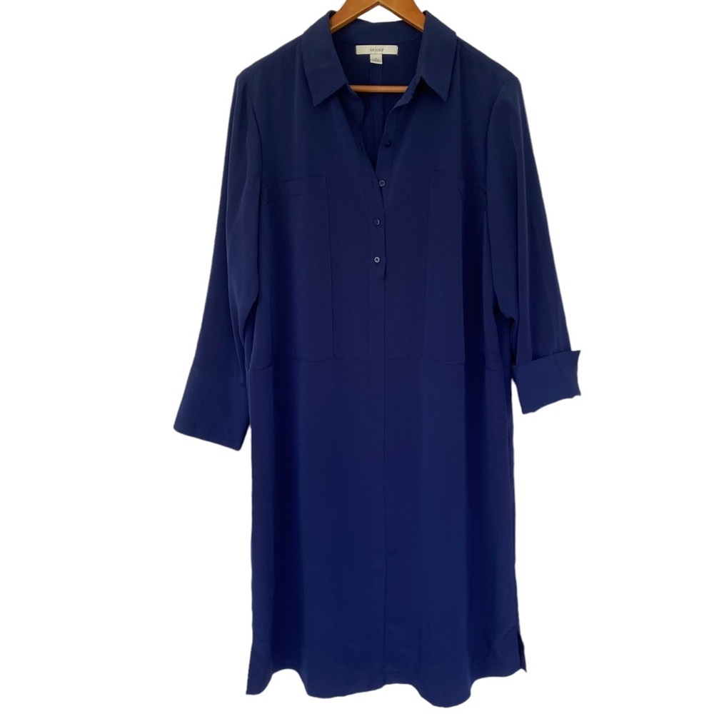 Sejour Blue Shirt Dress Polyester 3/4 Sleeve 1X